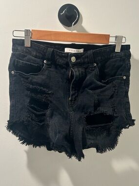 eunina Black High-Waist Distressed Denim Shorts